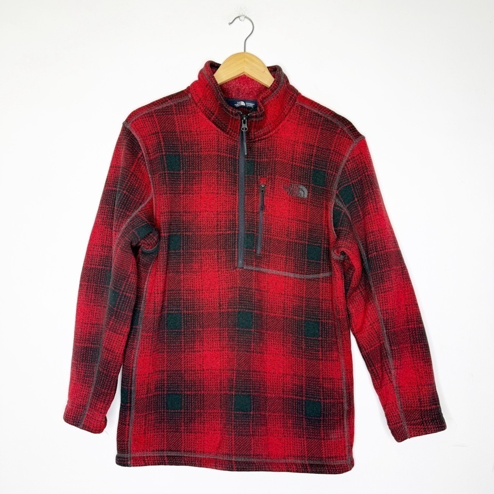 The North Face Men's Red Plaid Quarter Zip Fleece Size Medium Large